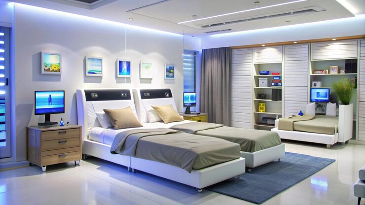 Modern twin bedroom with neon lighting and custom shelving, Al Janah Al Malaky.