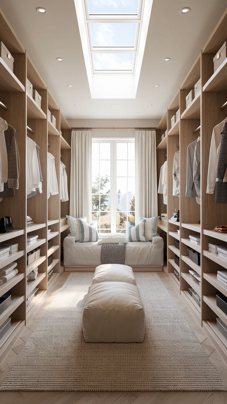 Bright, modern walk-in closet with skylight, window seat, and light wood shelving | Al Janah Al Malaky