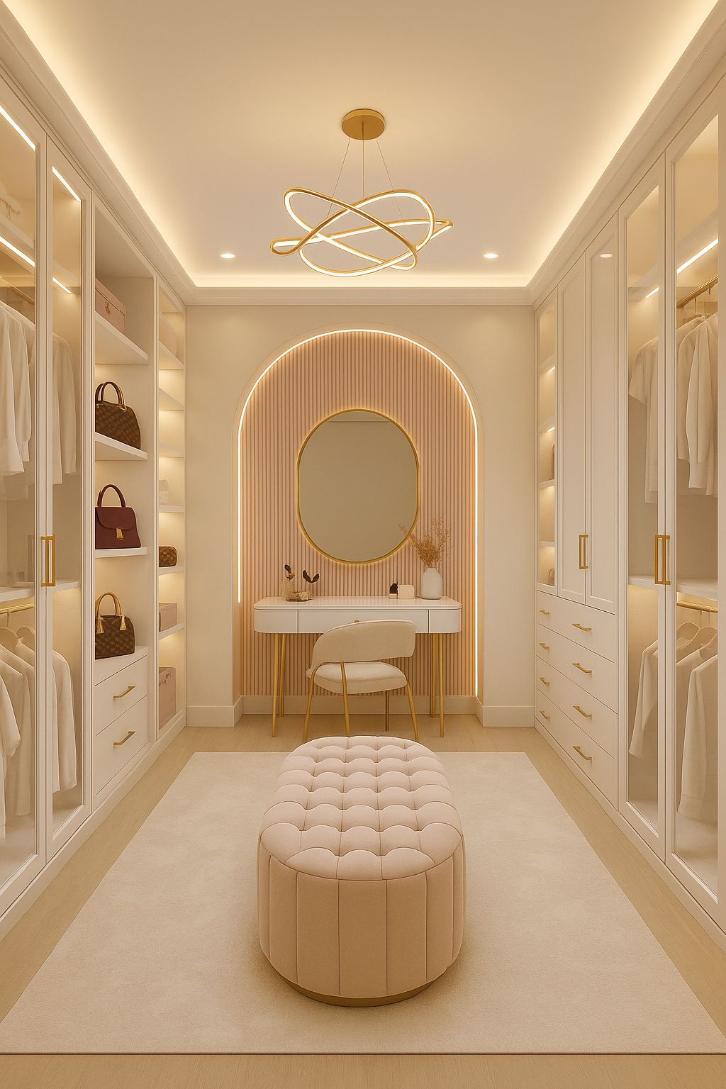 Elegant white walk-in closet featuring a blush pink vanity and round tufted ottoman | Al Janah Al Malaky