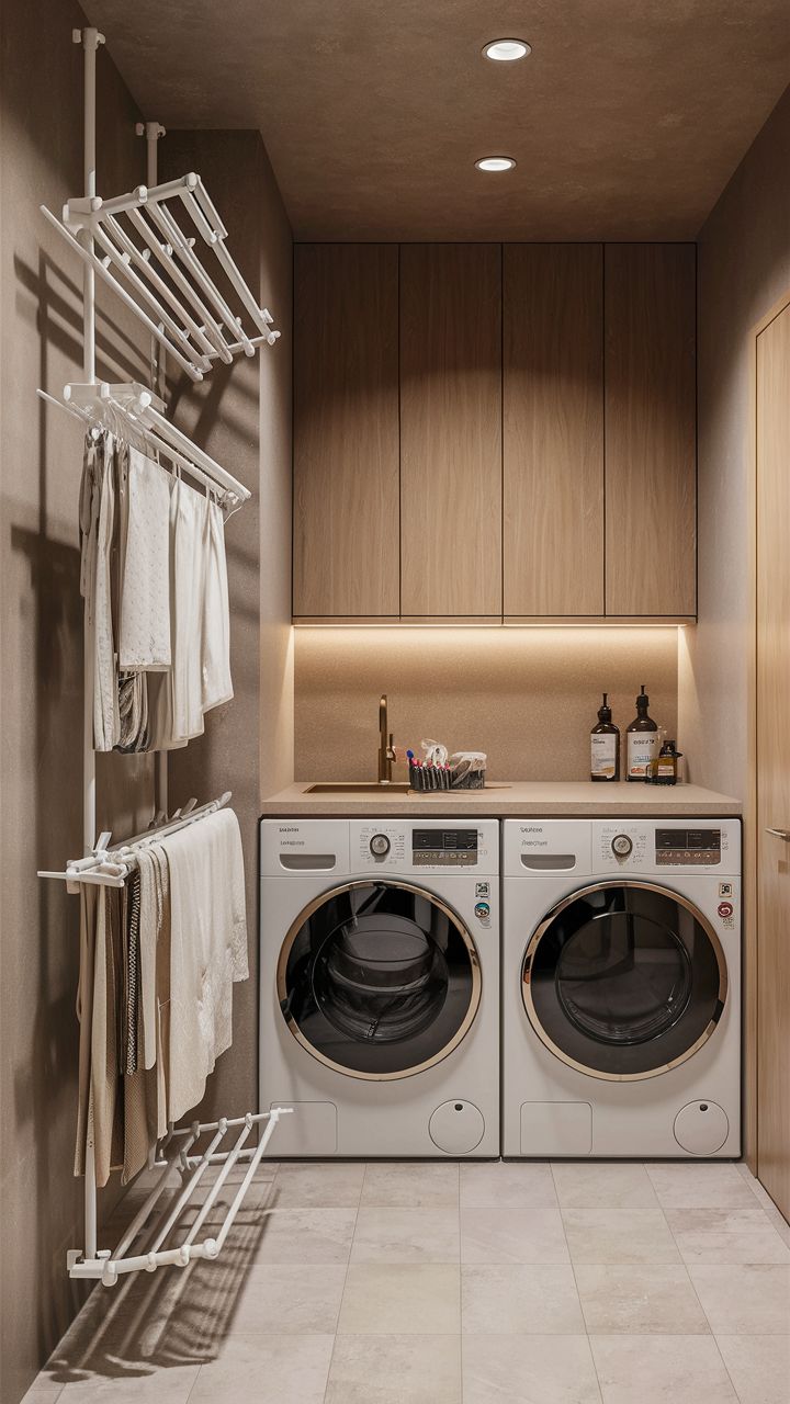 Compact laundry room with side-by-side washers, wood cabinets, and vertical drying rack | Al Janah Al Malaky