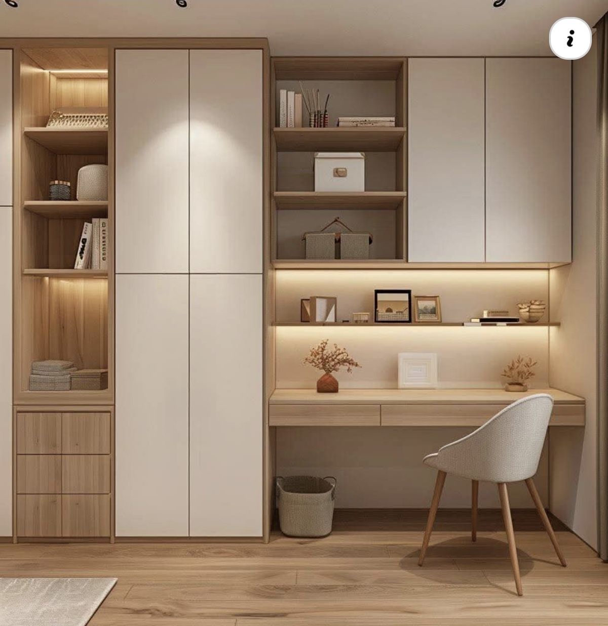 Integrated home office desk with white cabinets, light wood, and accent lighting | Al Janah Al Malaky