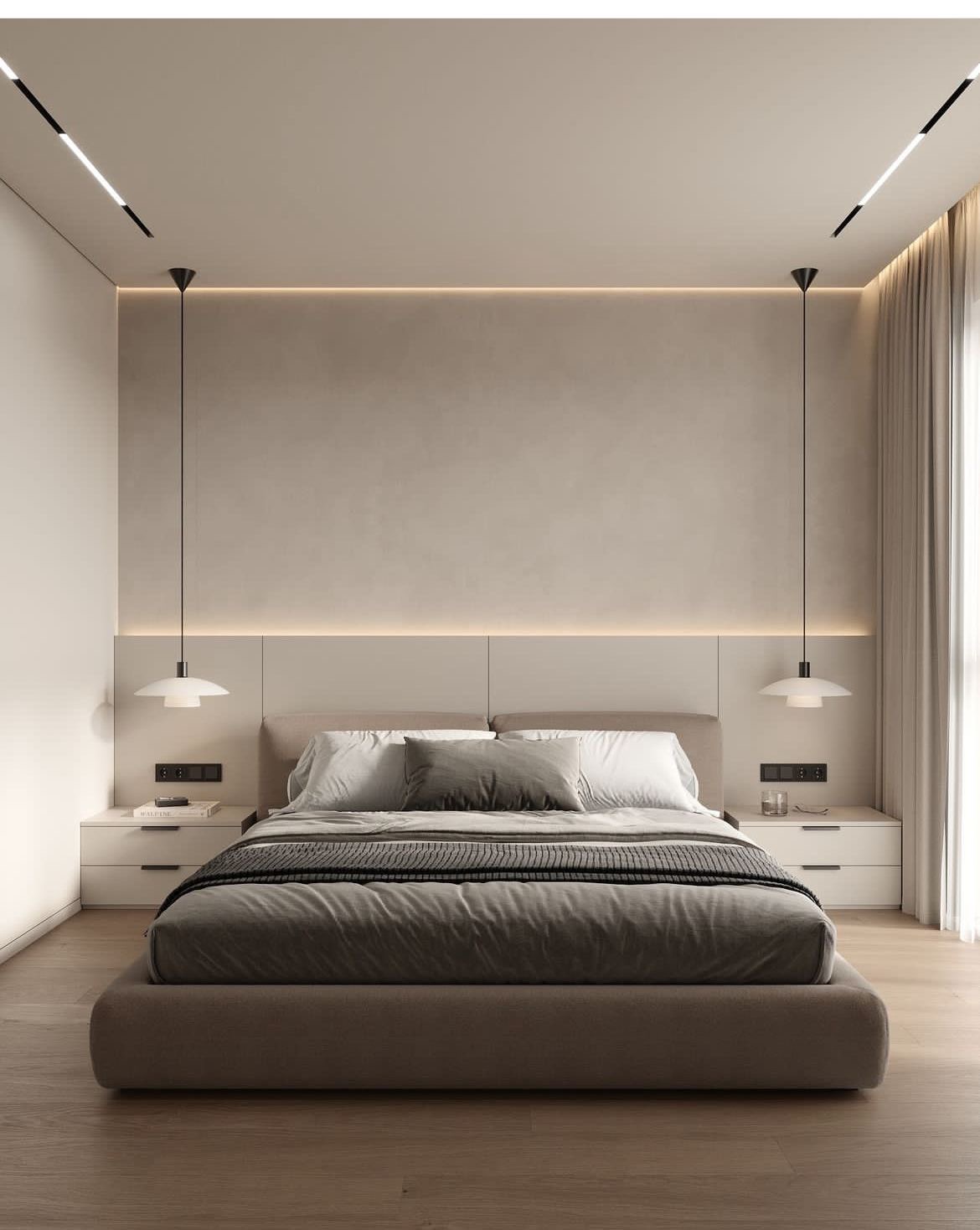 A modern bedroom with a bed, nightstands, and ambient lighting.