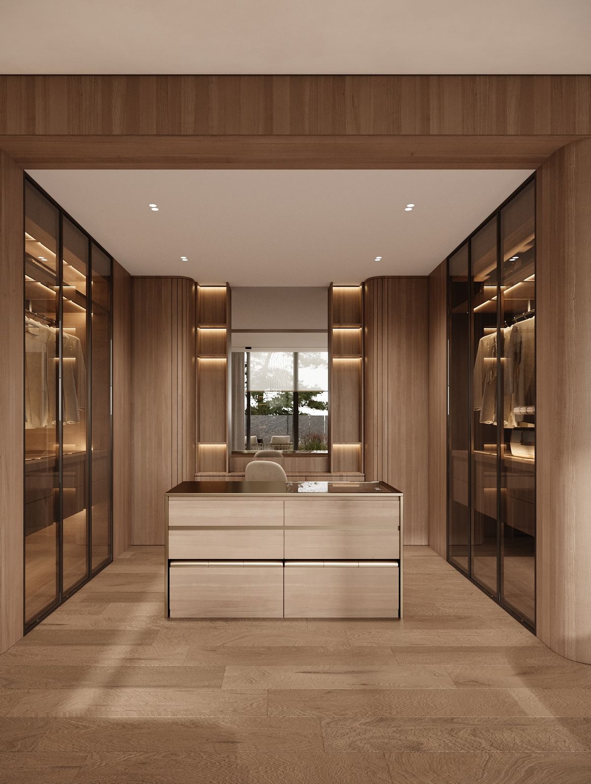 Symmetrical walk-in closet with wood veneer, glass wardrobes, and large central island | Al Janah Al Malaky
