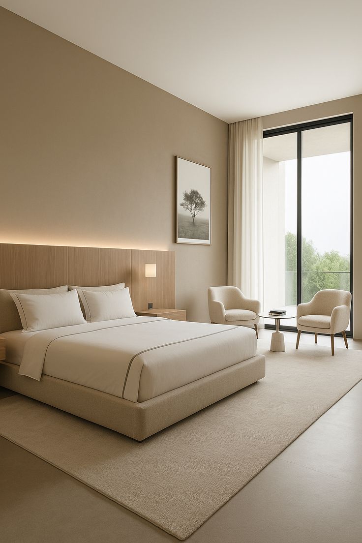 Minimalist luxury bedroom in earth tones with king bed, balcony view, and two armchairs | Al Janah Al Malaky