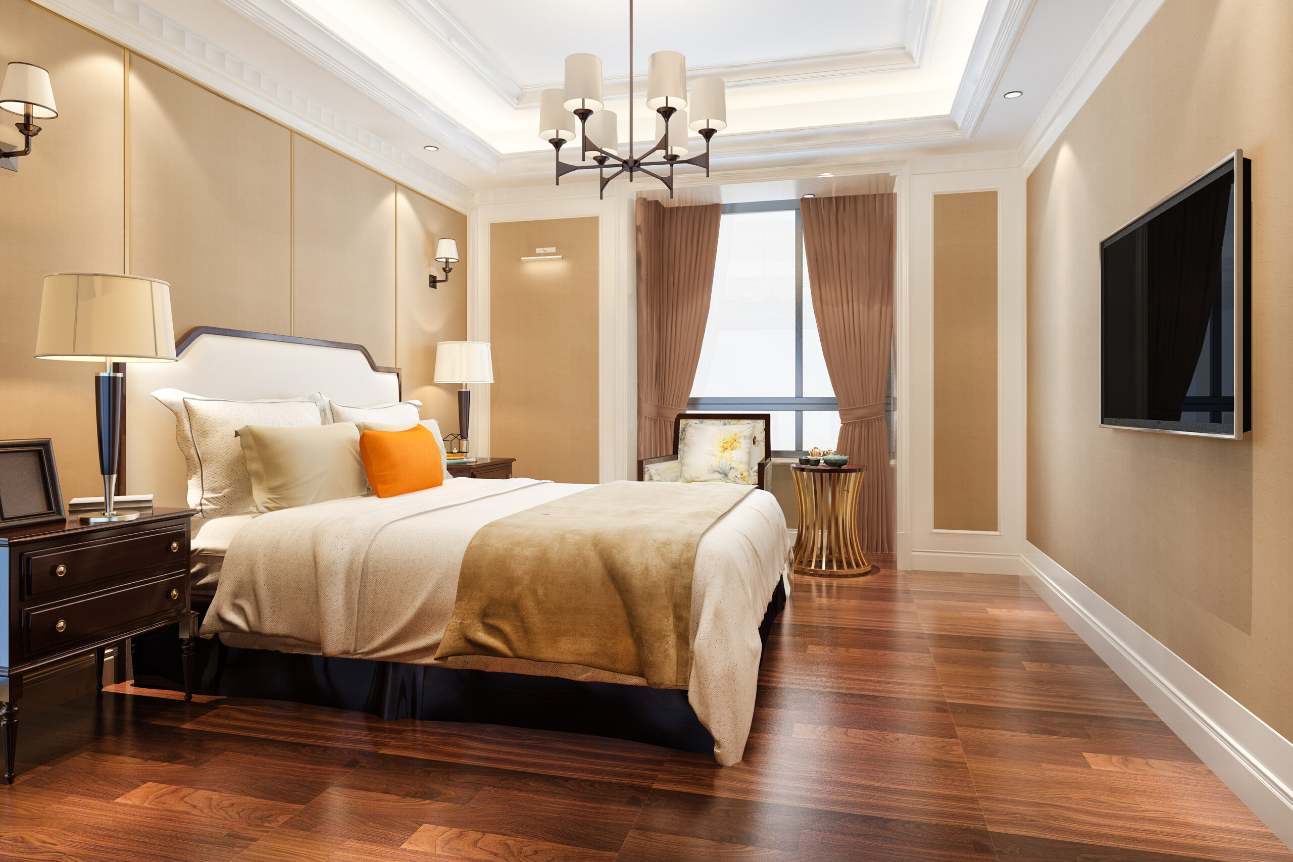Luxury hotel-style bedroom with TV and dark wood floors, Al Janah Al Malaky.