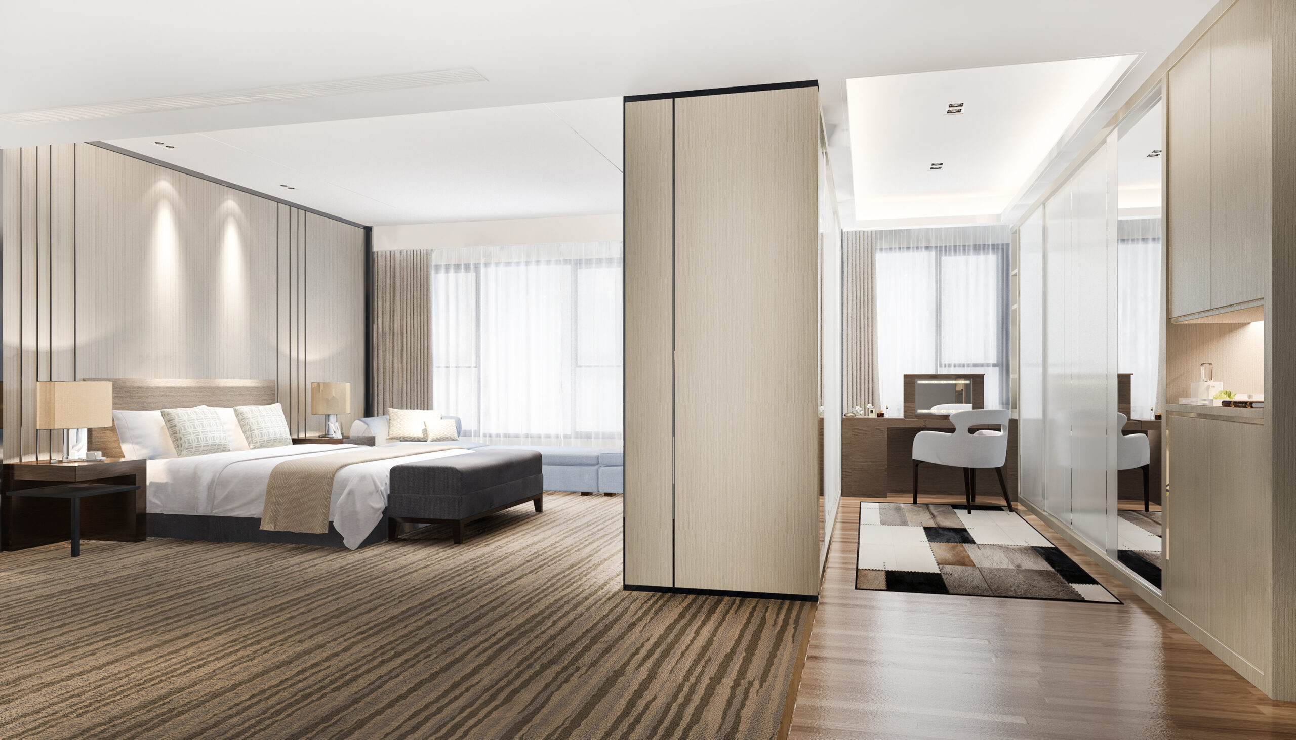 A modern hotel room with a large bed and walk-in wardrobe | Al Janah Al Malaky
