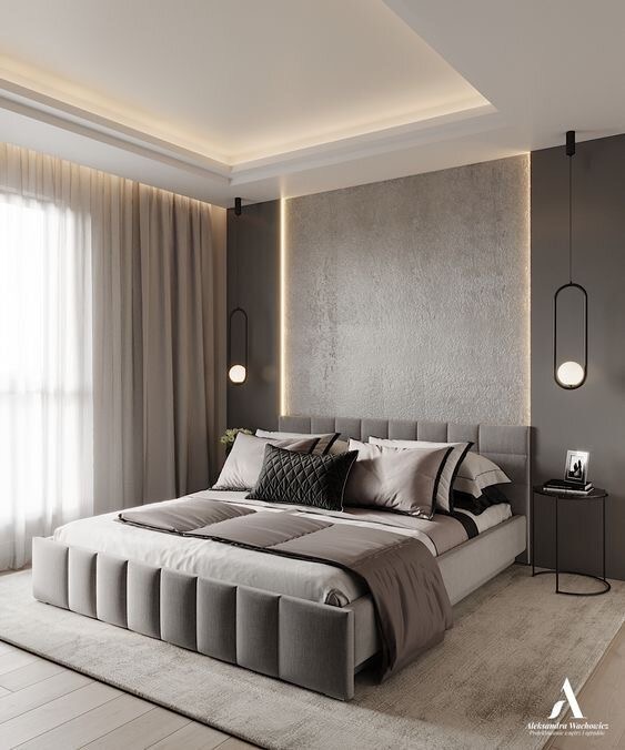 A modern bedroom with a bed, nightstands, and ambient lighting.