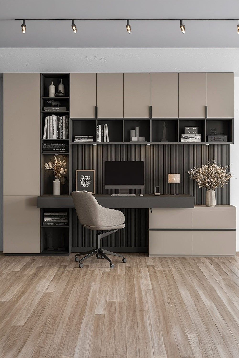 Modern walnut wood shelves with integrated warm LED strip lighting | Al Janah Al Malaky