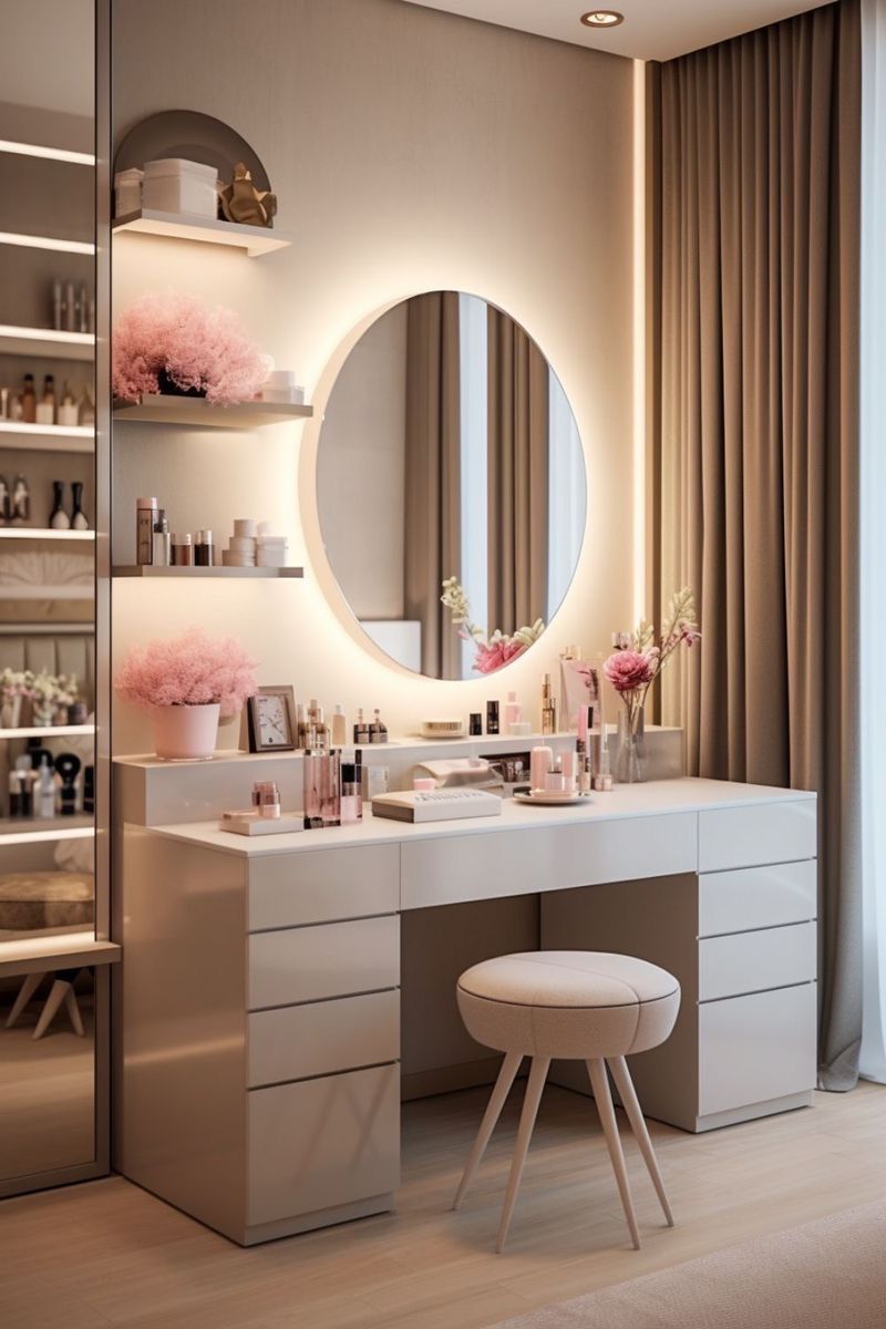 Luxurious white vanity desk with a backlit round mirror and neatly organized pink products | Al Janah Al Malaky