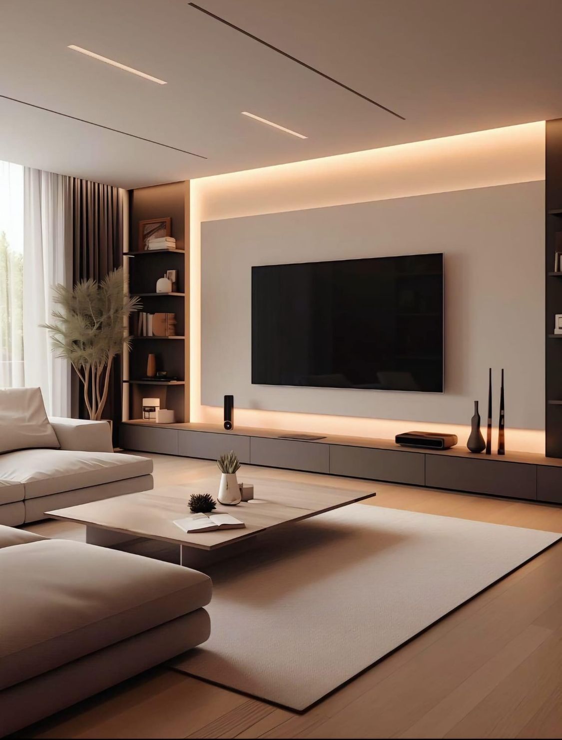 Contemporary living room with large TV wall, recessed lighting, and neutral sectional sofa | Al Janah Al Malaky