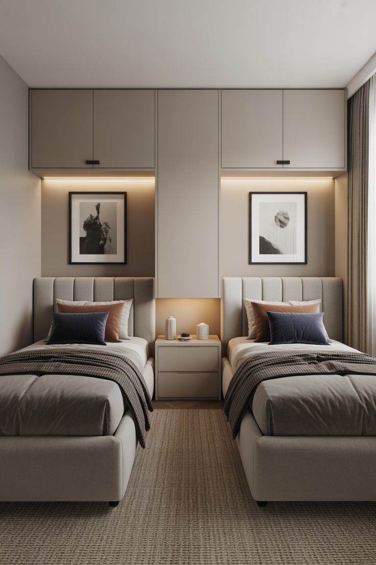 Dark neutral twin bedroom with built-in storage, upholstered beds, and framed artwork | Al Janah Al Malaky