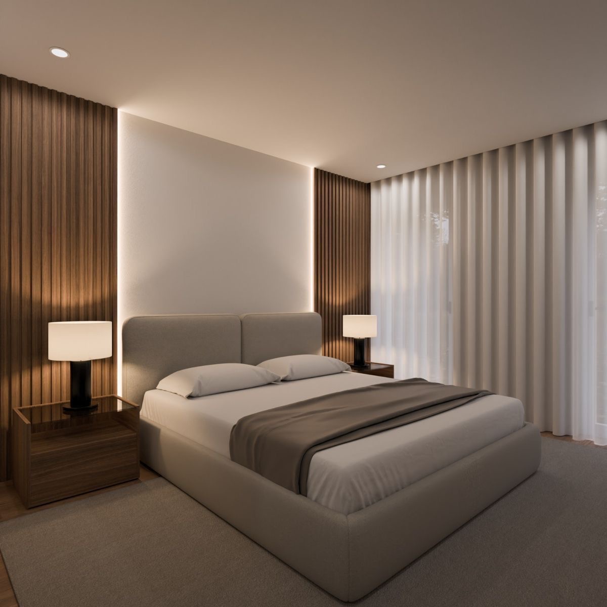 A modern bedroom with a bed, nightstands, and ambient lighting.