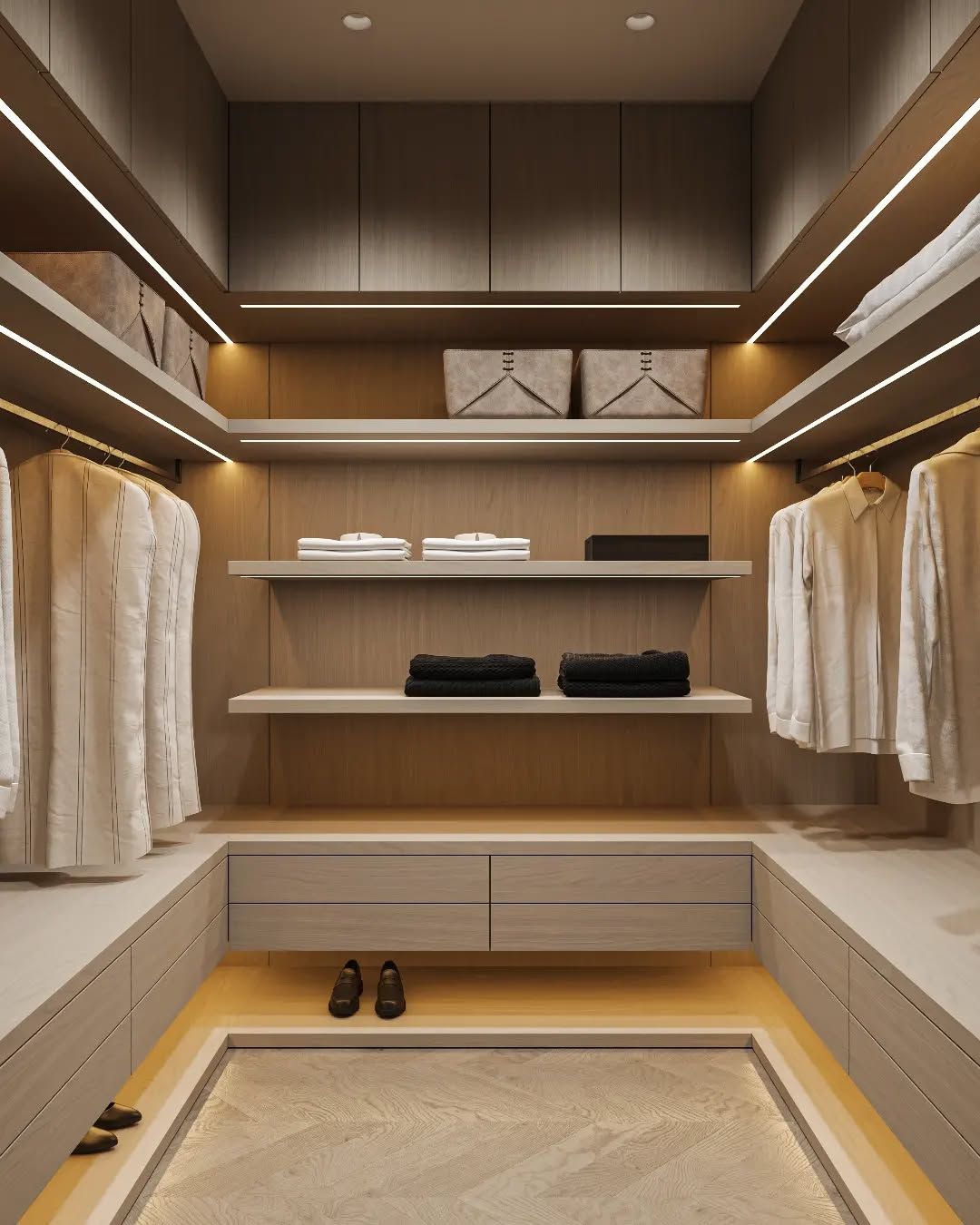 Minimalist wooden walk-in closet with cove lighting and central drawer unit | Al Janah Al Malaky