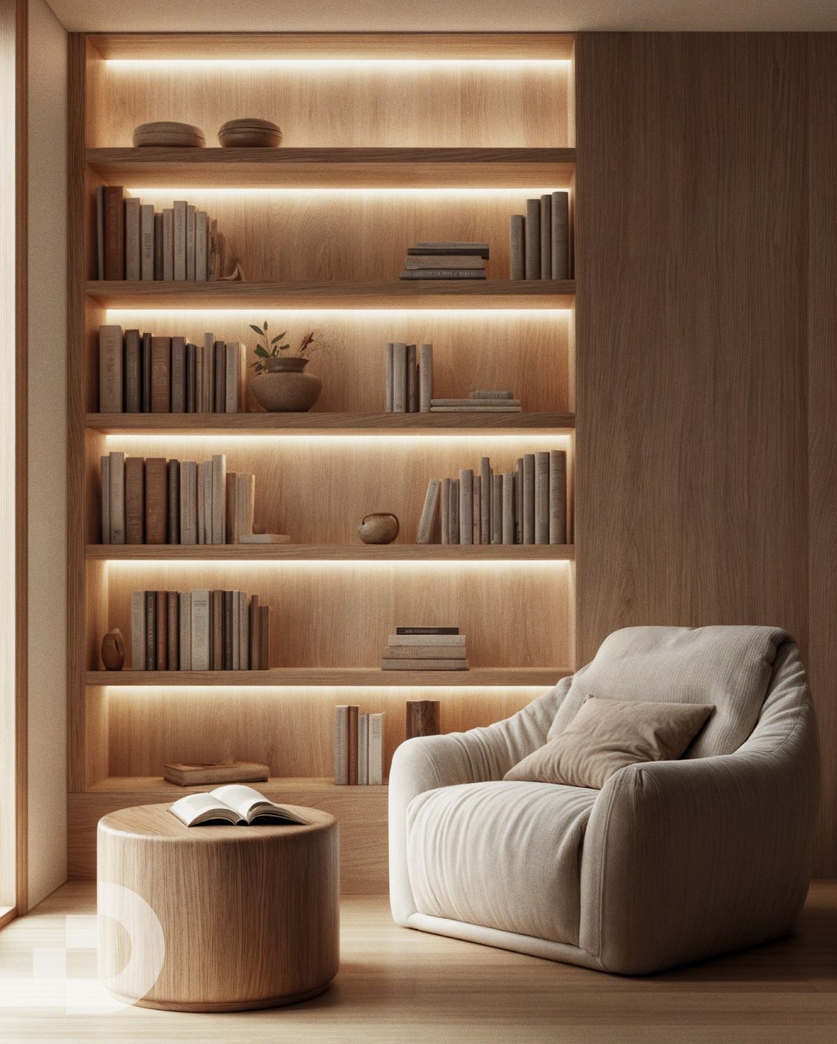 Cozy reading nook featuring illuminated wooden bookshelf and comfortable armchair | Al Janah Al Malaky