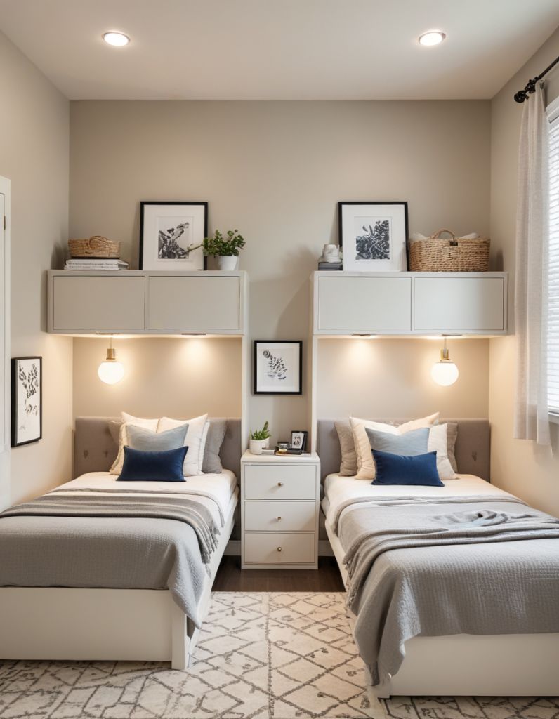 Symmetrical small twin bedroom featuring built-in storage, sconces, and neutral decor | Al Janah Al Malaky