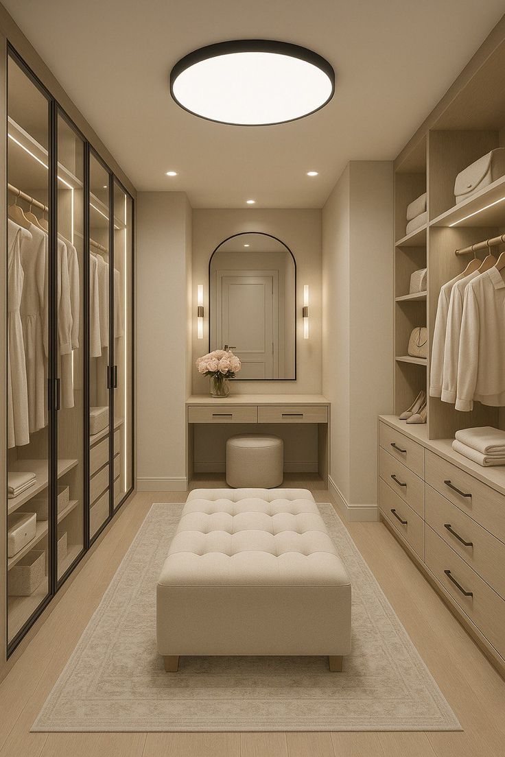 Neutral-toned walk-in closet with glass-front wardrobes, vanity, and tufted beige ottoman | Al Janah Al Malaky