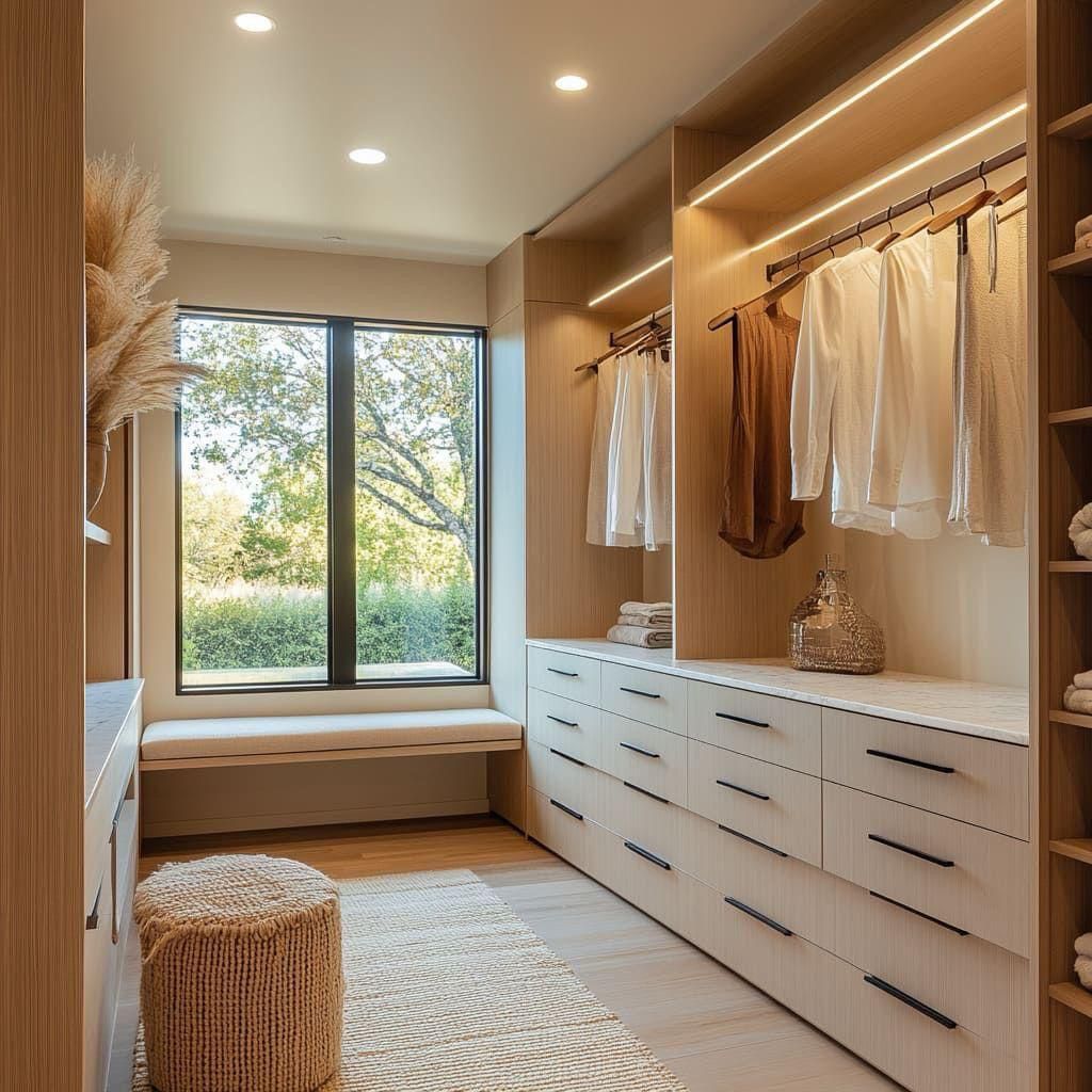 Custom light wood walk-in closet featuring drawers, window seat, and woven stool | Al Janah Al Malaky