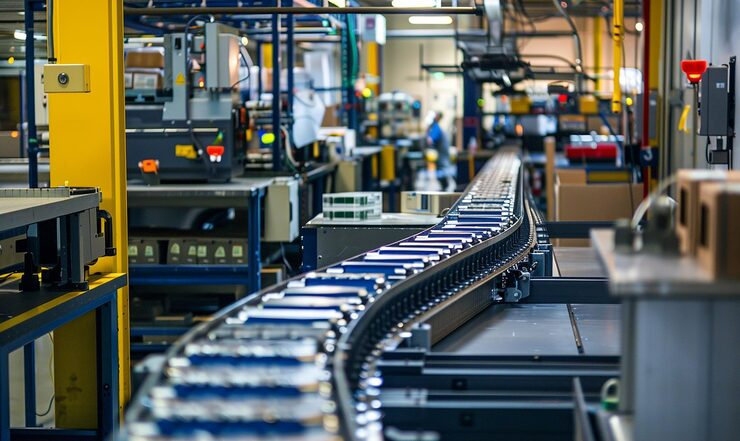 Industrial production line with a curving metal conveyor belt transporting small components | Al Janah Al Malaky