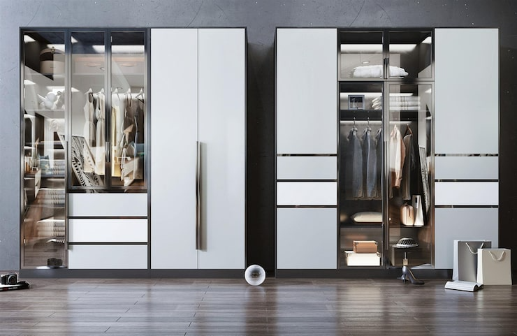 Modern white and gray modular wardrobe with glass doors | Al Janah Al Malaky