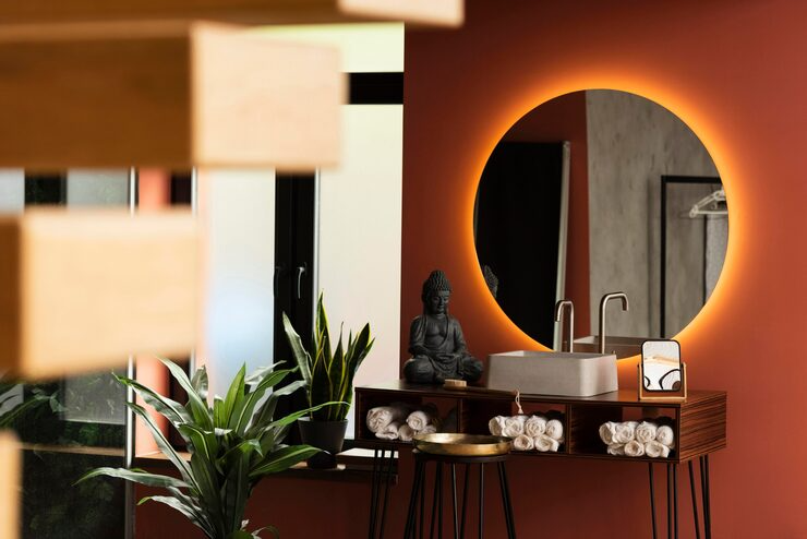 A modern bathroom with a round backlit mirror and a Buddha statue | Al Janah Al Malaky