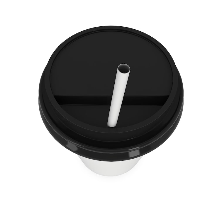 Disposable coffee cup with a black lid and white straw | Al Janah Al Malaky