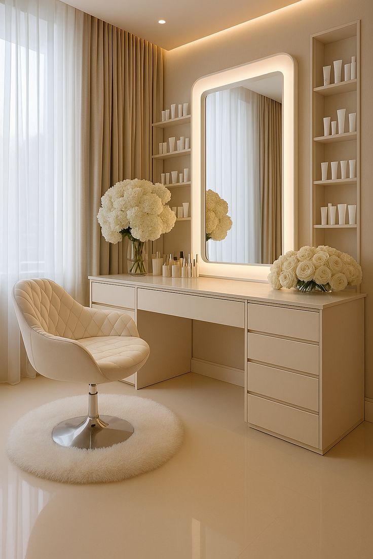 Neutral-toned vanity area with backlit rectangular mirror, quilted chair, and white florals | Al Janah Al Malaky