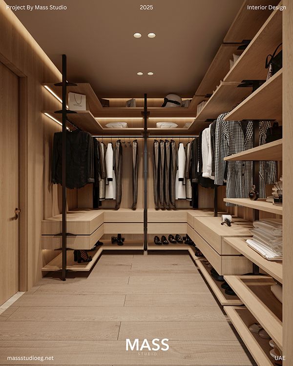 Interior design rendering of a luxurious, organized dressing room with center aisle | Al Janah Al Malaky