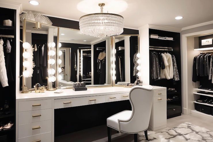 Luxurious black and white walk-in closet featuring a large vanity area with triple mirror, integrated lights, crystal chandelier, and clothes racks | Al Janah Al Malaky