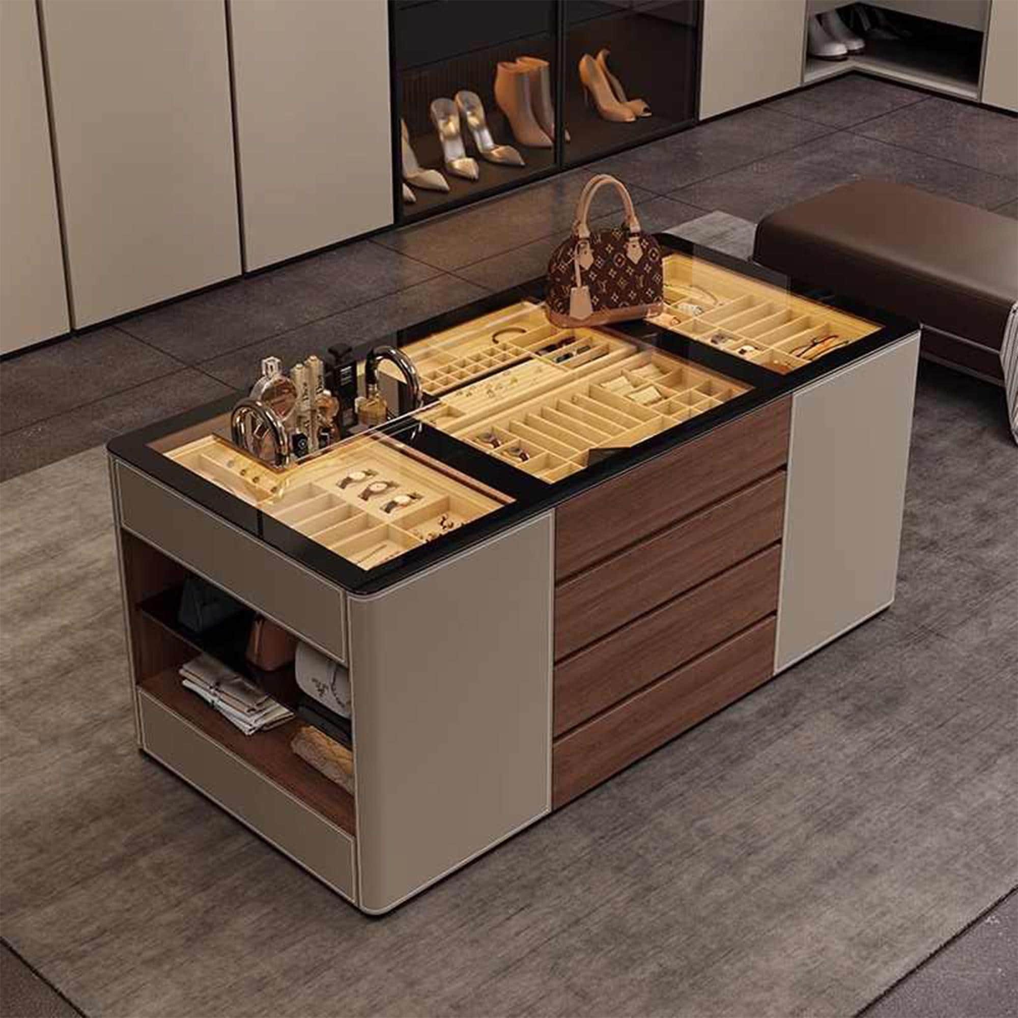 Modern closet island with glass top for jewelry display | Al Janah Al Malaky